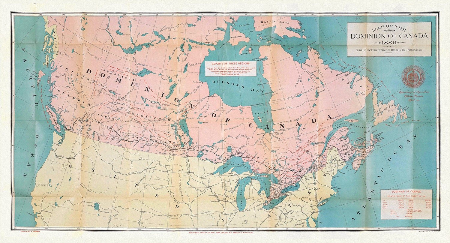 Canada, its history, productions and natural resources, 1886, map on heavy cotton canvas, 16x36" approx. - The Map Chest