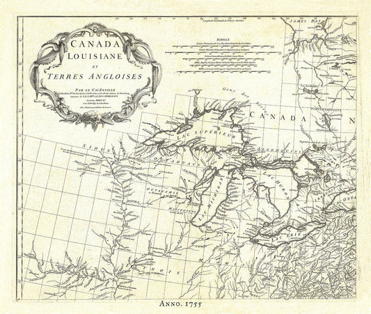 Canada, Louisiane et Terres Angloises, 1755, map on durable cotton canvas, 50 x 70 cm, 20 x 25" approx. - The Map Chest