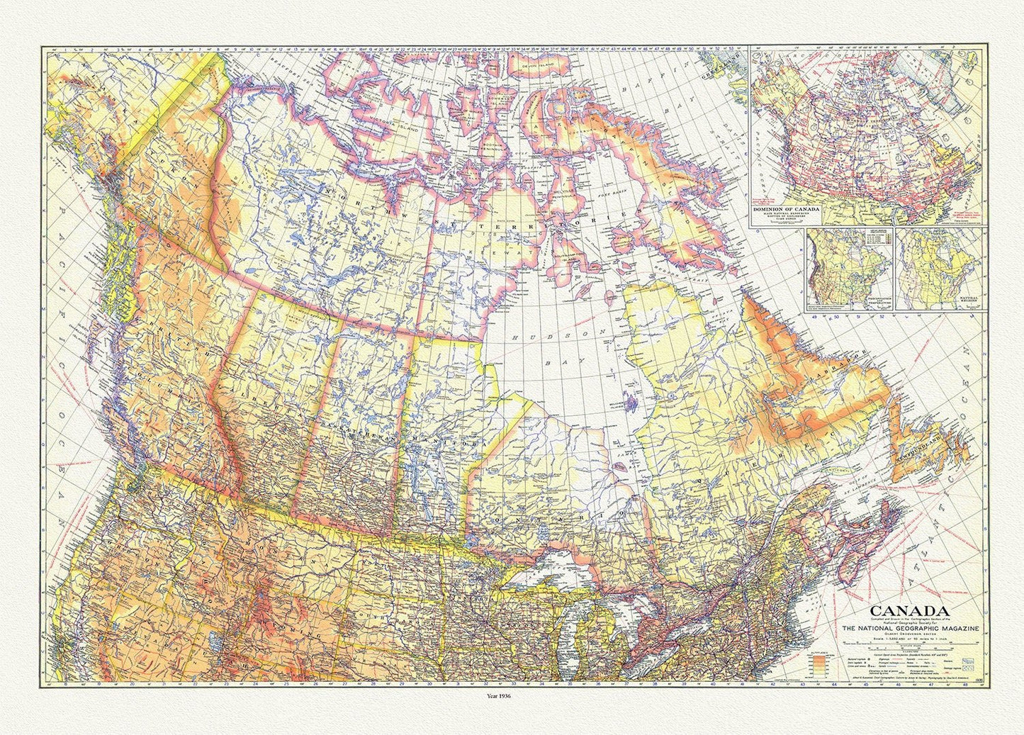 Canada , National Geographic, 1936, vintage map reprinted on durable cotton canvas, 50 x 70 cm or 20x25" approx. - The Map Chest