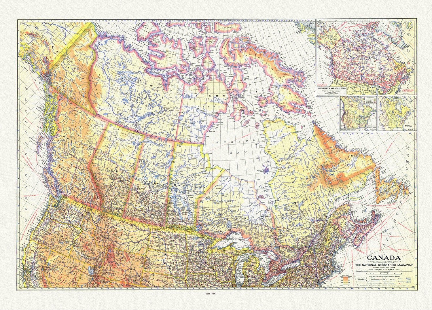 Canada , National Geographic, 1936, vintage map reprinted on durable cotton canvas, 50 x 70 cm or 20x25" approx. - The Map Chest