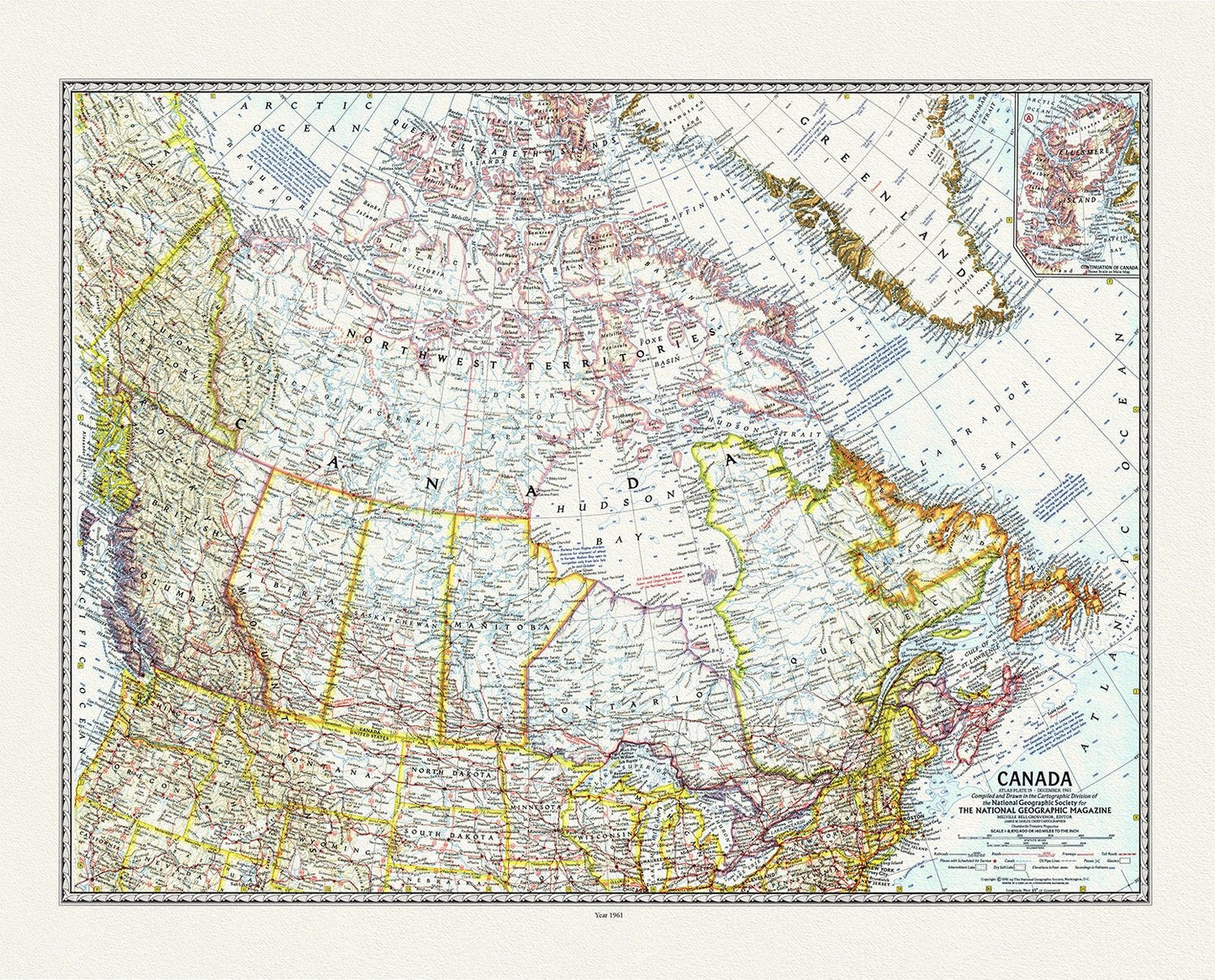 Canada, National Geographic, 1961 , vintage map reprinted on durable cotton canvas, 50 x 70 cm or 20x25" approx. - The Map Chest