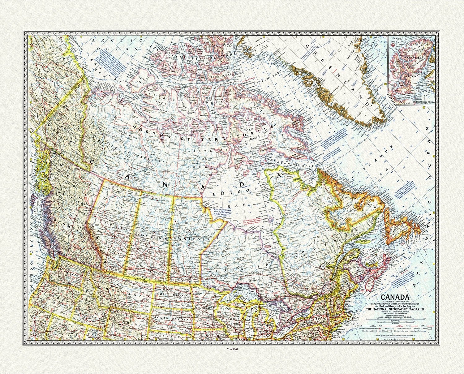Canada, National Geographic, 1961 , vintage map reprinted on durable cotton canvas, 50 x 70 cm or 20x25" approx. - The Map Chest