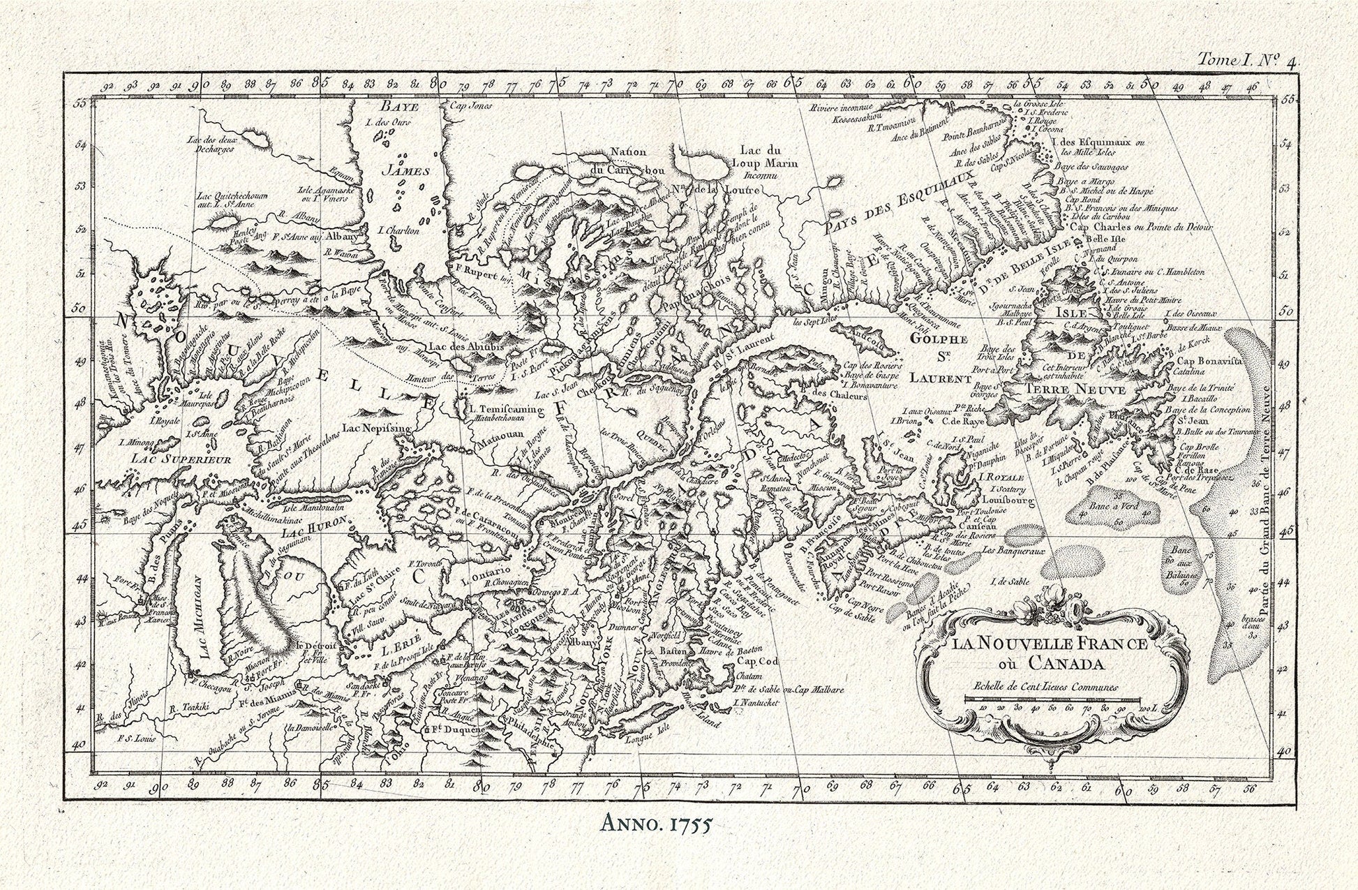 Canada, Nouvelle France, 1755, Jacques Nicolas Bellin, map on heavy cotton canvas, 50x70cm (20 x 25") approx. - The Map Chest