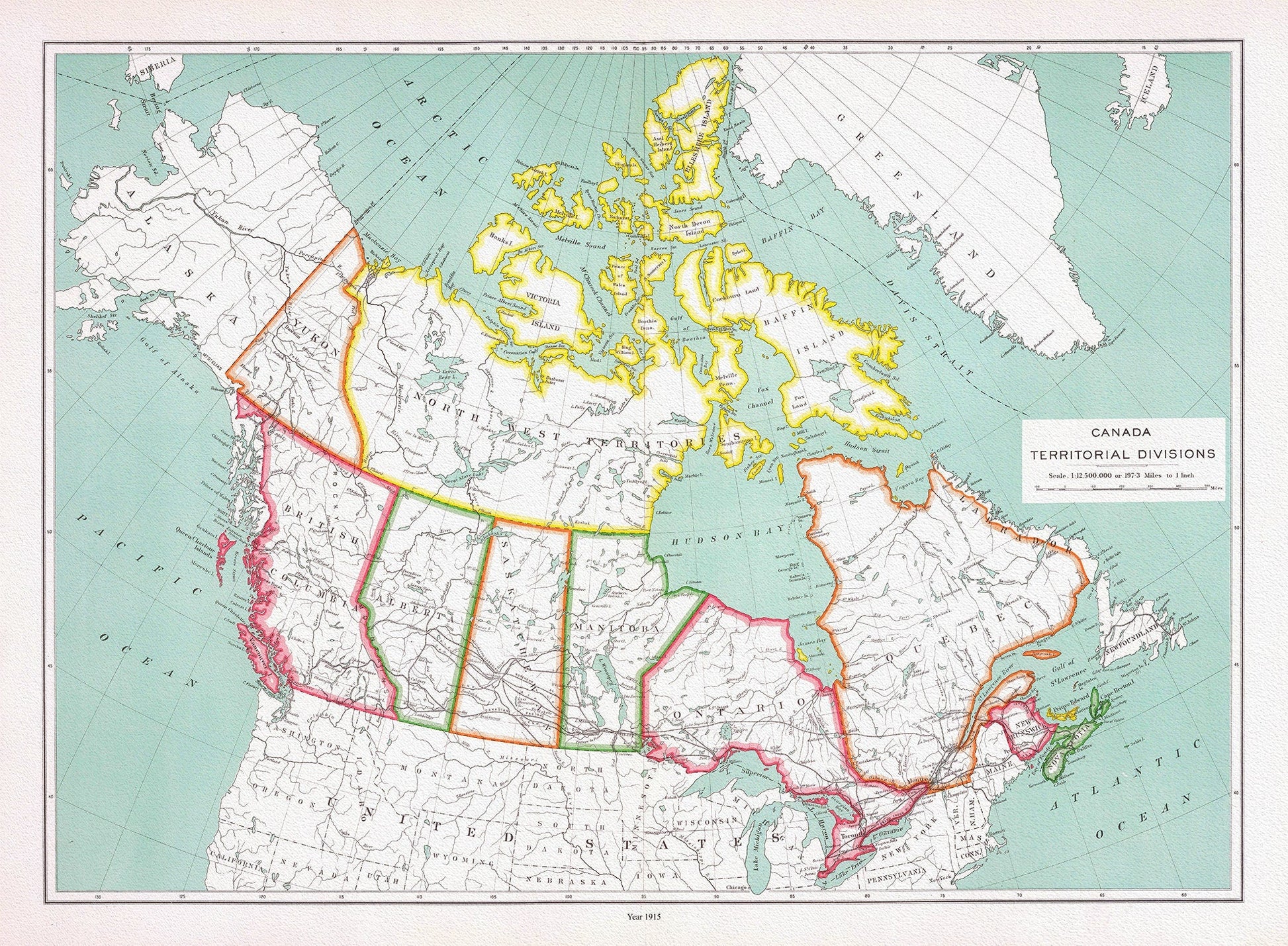 Canada territorial divisions, 1915, map on heavy cotton canvas, 22x27" approx - The Map Chest