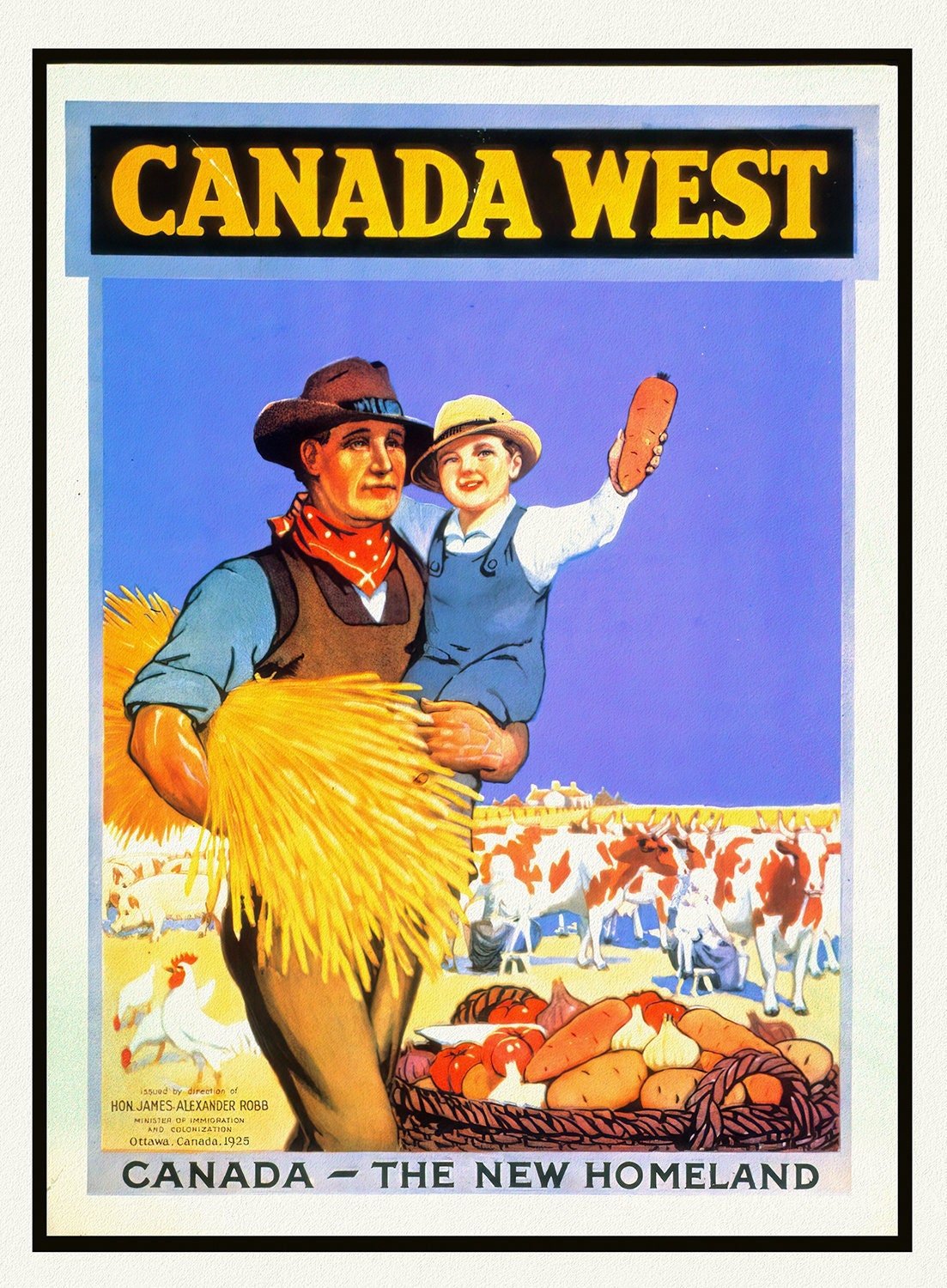 Canada West, The New Homeland Ver. II, vintage travel poster reprinted on durable cotton canvas, 50 x 70 cm, 20 x 25" approx. - The Map Chest