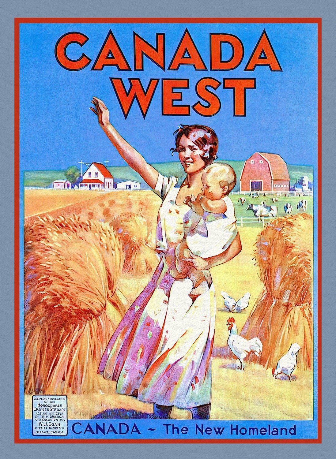 Canada West, The New Homeland, vintage travel poster reprinted on durable cotton canvas, 50 x 70 cm, 20 x 25" approx. - The Map Chest