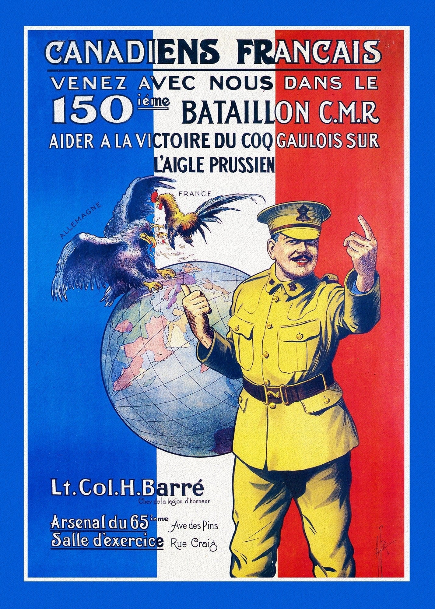 Canada WW I Poster, Canadiens Francais Venez avec Nous, 1915, poster on durable cotton canvas, 50 x 70 cm, 20 x 25" approx. - The Map Chest