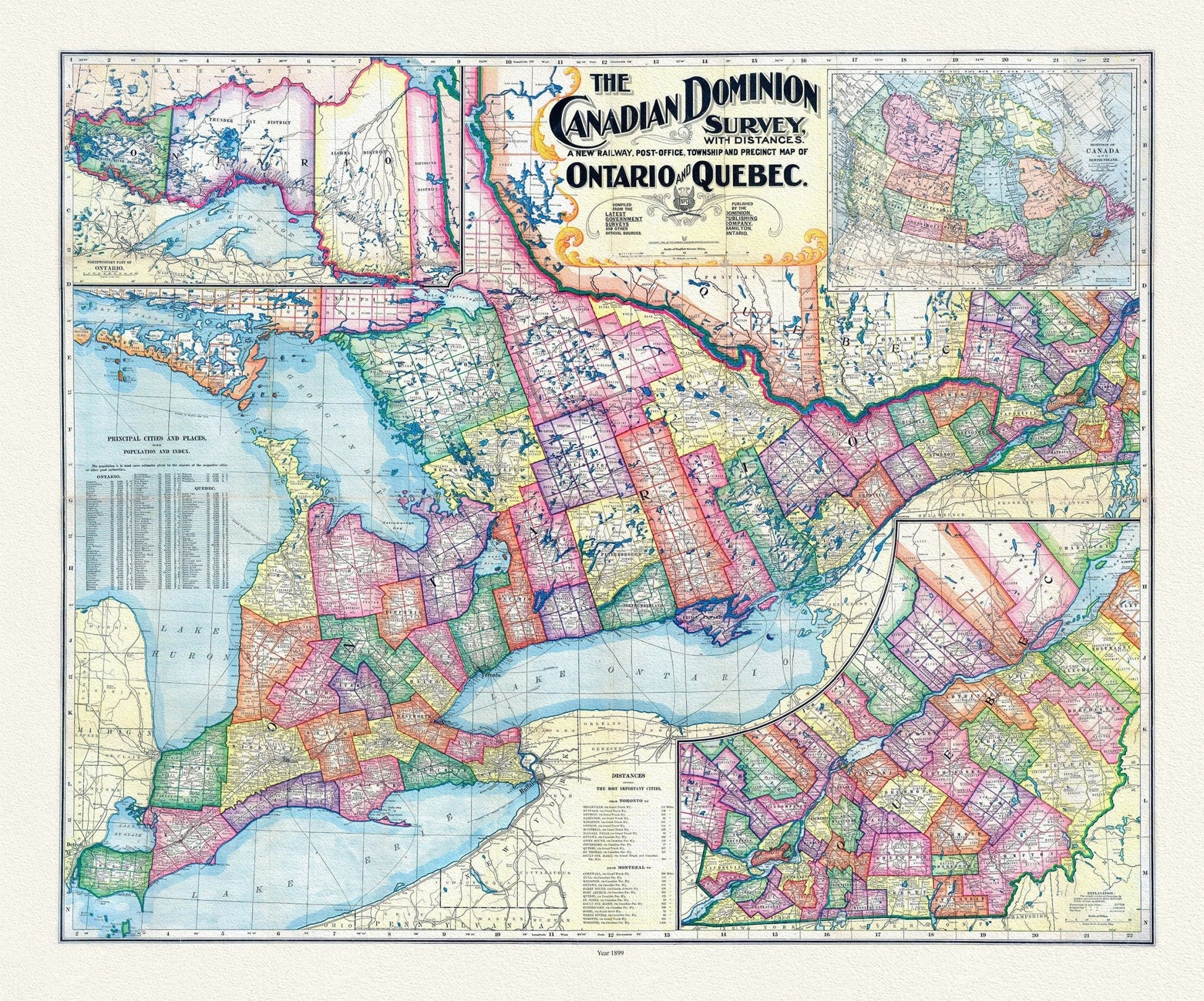 Canadian Dominion Survey, A New Railway, Post - Office, Township and Precinct Map Of Ontario and Quebec, 1899, on heavy cotton canvas, 22x27" - The Map Chest