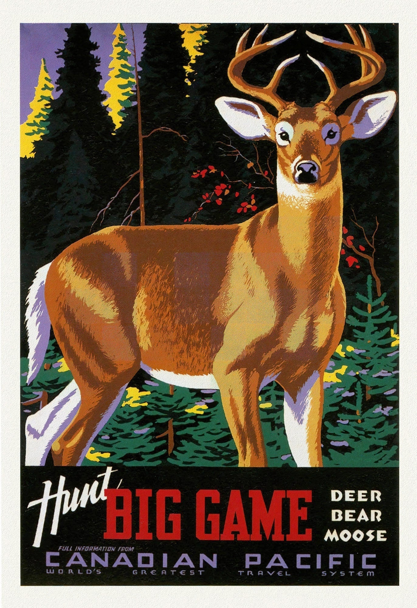 Canadian Pacific, Hunt Big Game, travel poster reprinted on durable cotton canvas, 50 x 70 cm, 20 x 25" approx. - The Map Chest