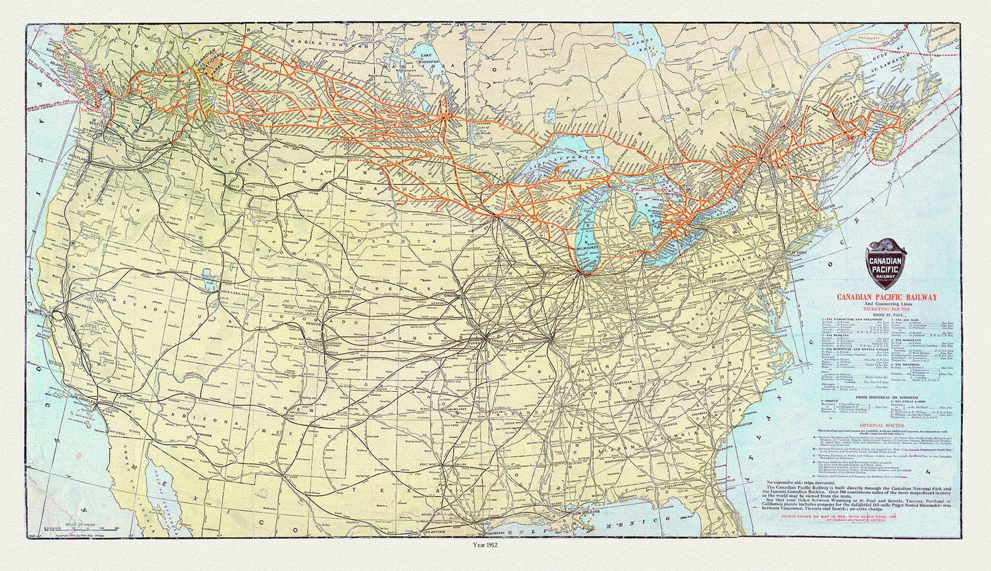 Canadian Pacific Railway and Connecting Lines, 1912, map on heavy cotton canvas, 22x27" approx. - The Map Chest