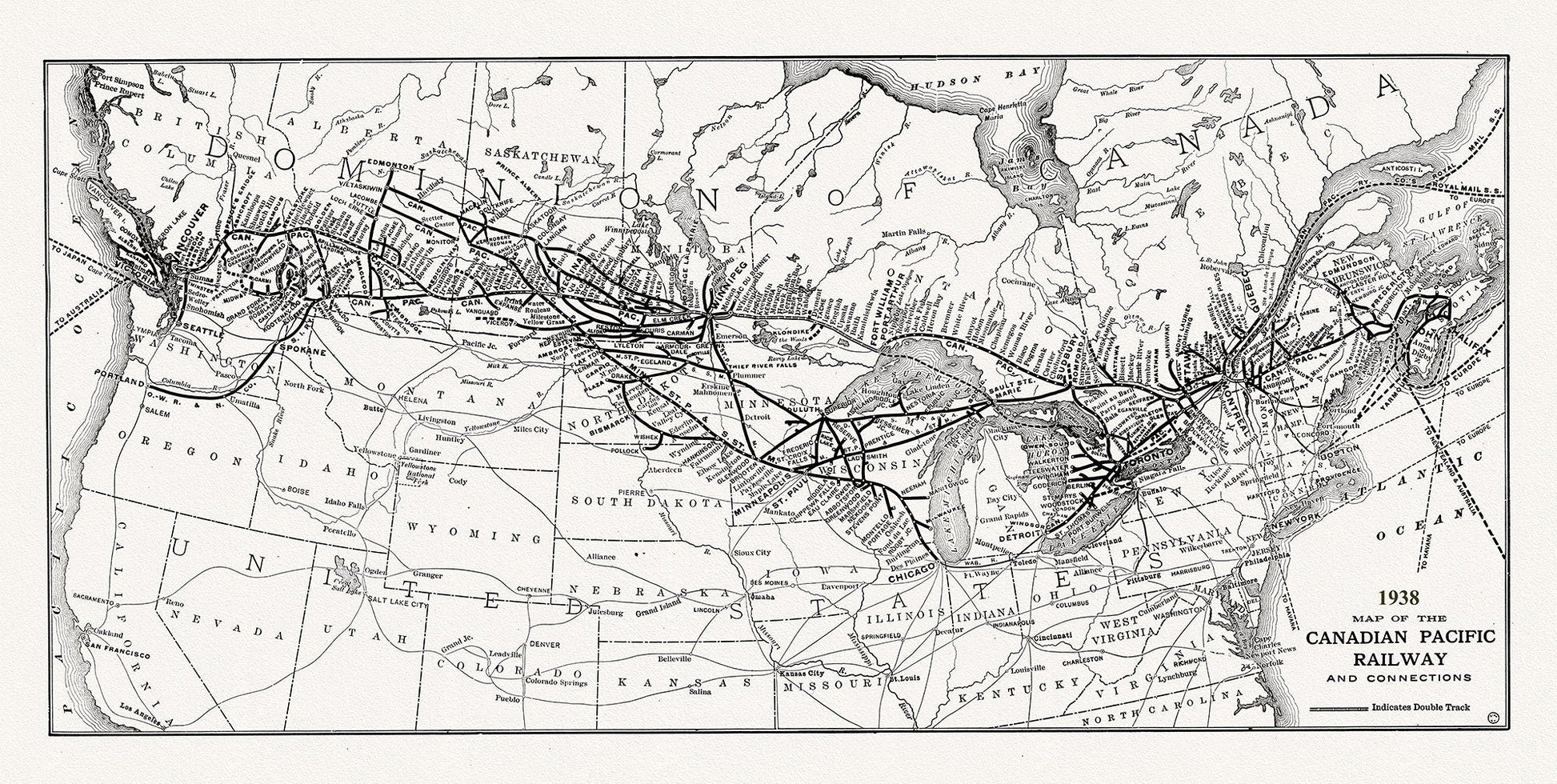Canadian Pacific Railway & Connections, 1938 , vintage map reprinted on durable cotton canvas, 50 x 70 cm or 20x25" approx. - The Map Chest