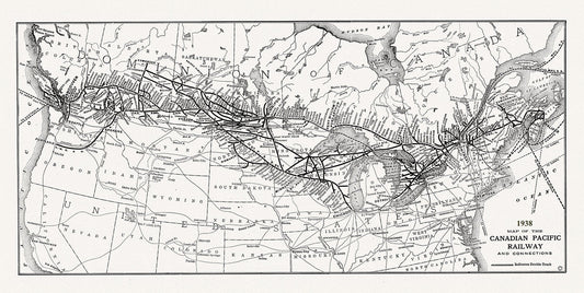 Canadian Pacific Railway & Connections, 1938 , vintage map reprinted on durable cotton canvas, 50 x 70 cm or 20x25" approx. - The Map Chest