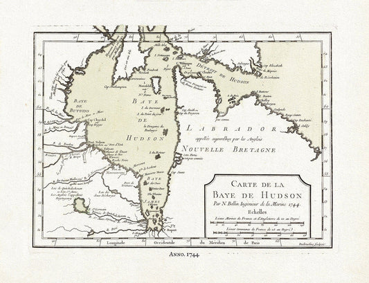 Carte de la Bye de Hudson, Bellin auth., 1744, map on heavy cotton canvas, 50 x 70 cm, 20 x 25" approx. - The Map Chest