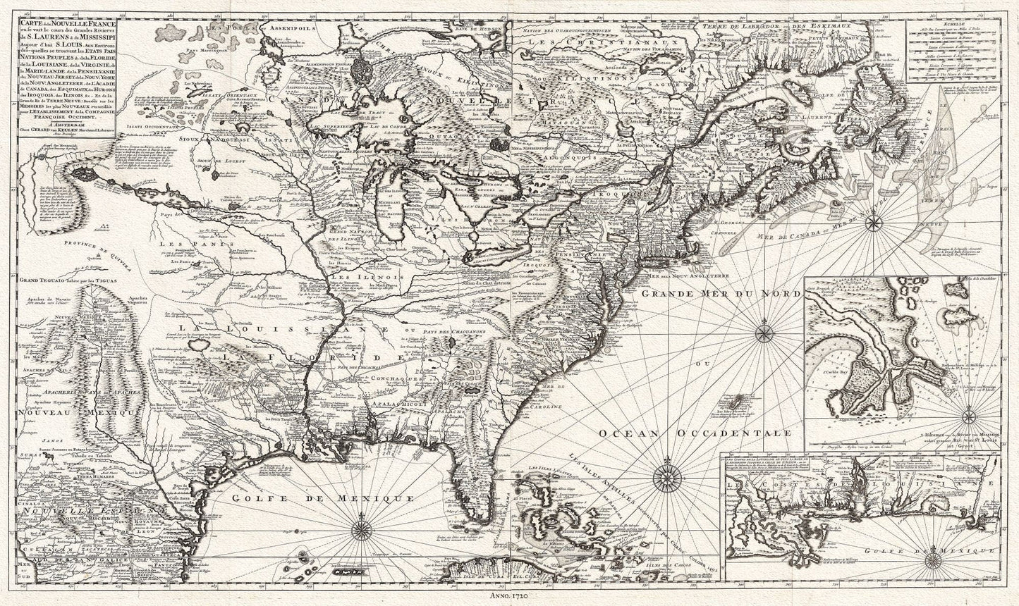 Carte de la Nouvelle France, 1720, Van Keulen, map on heavy cotton canvas, 50 x 70cm, 20 x 25" approx. - The Map Chest