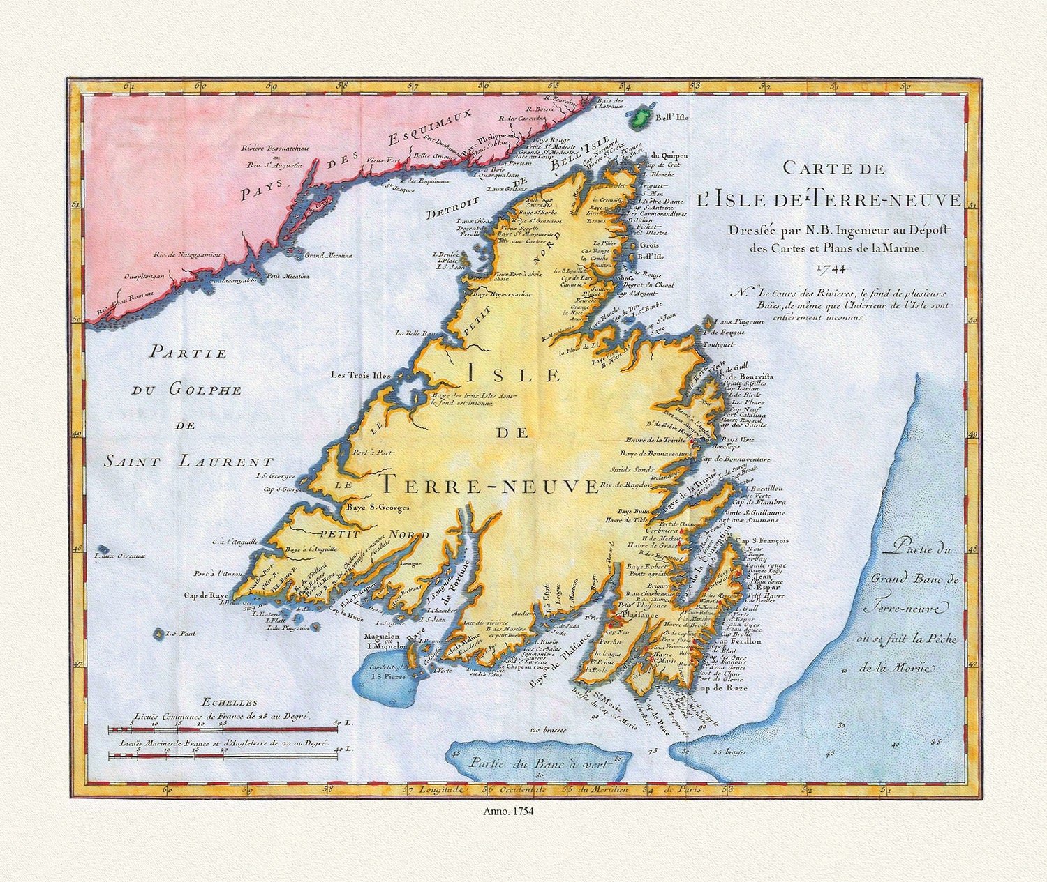 Carte de l'Isle de Terre - Neuve, Bellin auth.,1744 , map on heavy cotton canvas, 50 x 70 cm, 20 x 25" approx. - The Map Chest