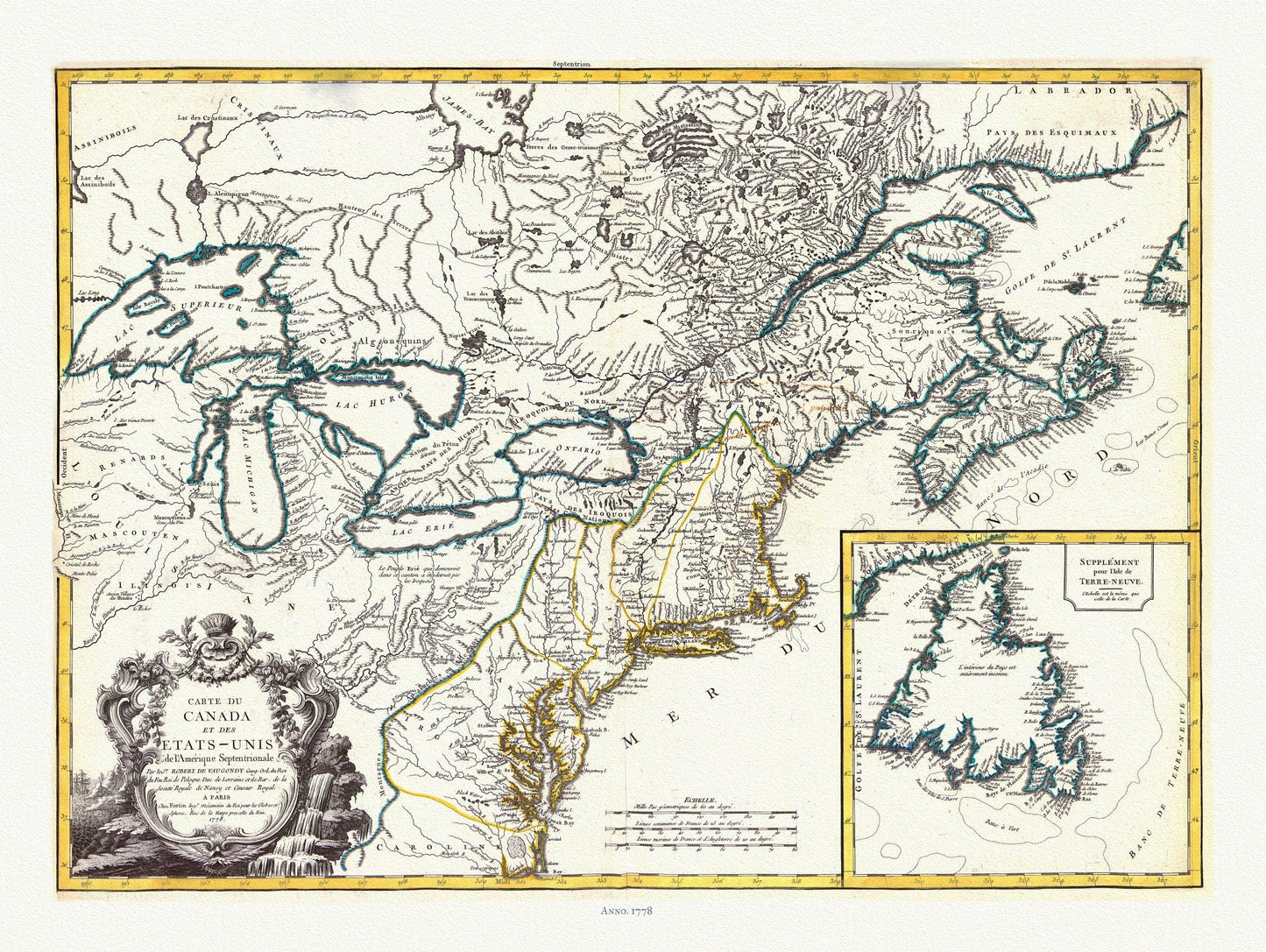 Carte du Canada et des Etats Unis de l'Amérique Septentrionale, 1778, Vaugondy auth, map on durable canvas, 50 x 70 cm, 20 x 25" approx. - The Map Chest