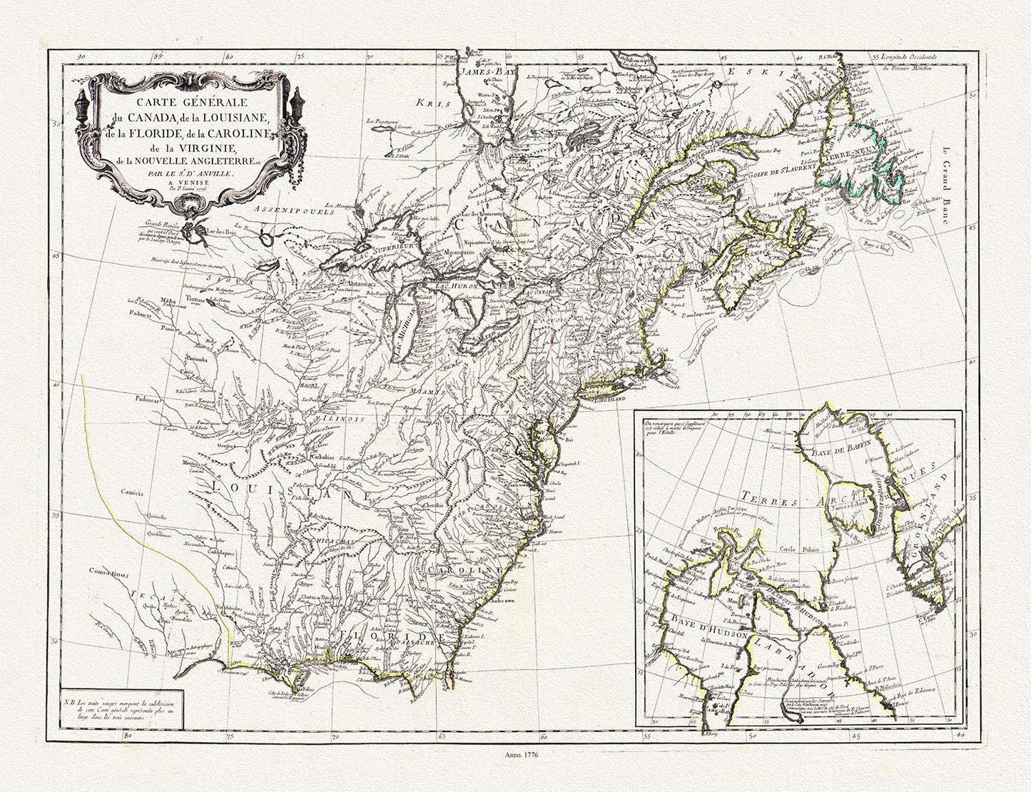 Carte générale du Canada, de la Louisiane, de la Floride, de la Caroline, de la Virginie, de la Nouvelle Angleterre, 1776, 25x27" approx. - The Map Chest