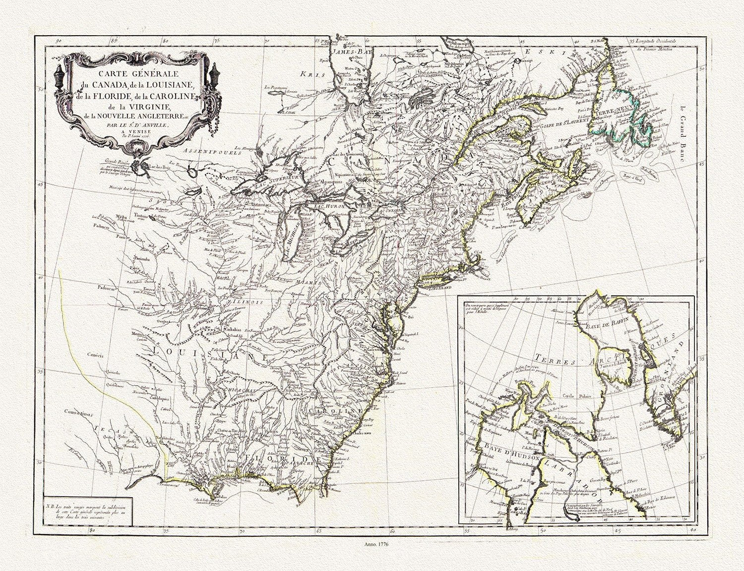 Carte générale du Canada, de la Louisiane, de la Floride, de la Caroline, de la Virginie, de la Nouvelle Angleterre, 1776, 25x27" approx. - The Map Chest