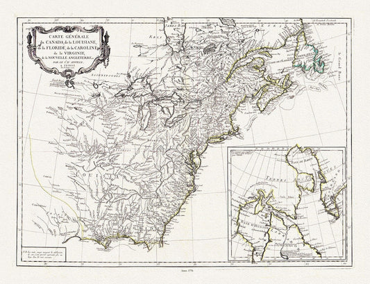 Carte générale du Canada, de la Louisiane, de la Floride, de la Caroline, de la Virginie, de la Nouvelle Angleterre, 1776, 25x27" approx. - The Map Chest