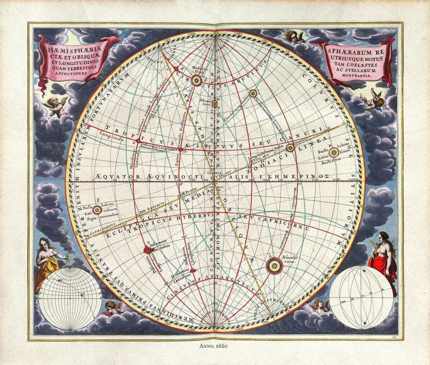 Cellarius, Harmoni Macrocosmica XII, 1660, celestial map on durable cotton canvas, 50 x 70 cm or 20x25" approx. - The Map Chest