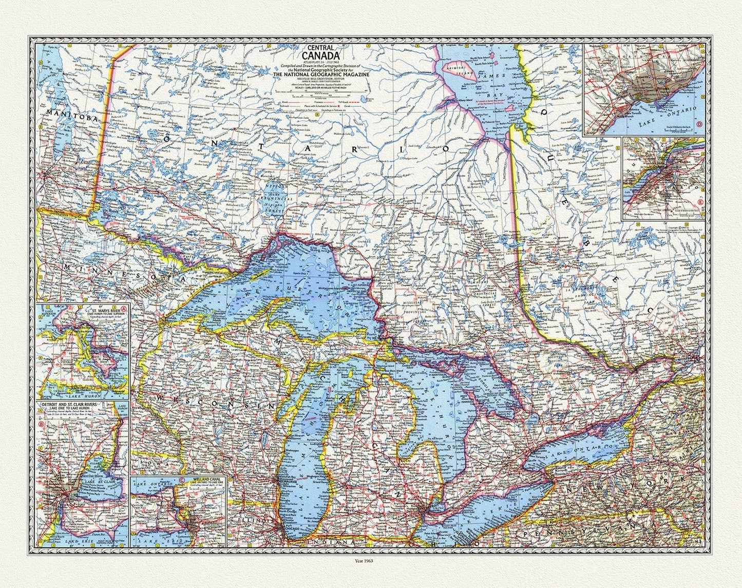 Central Canada, National Geographic, 1963, map on durable cotton canvas, 50 x 70 cm, 20 x 25" approx. - The Map Chest