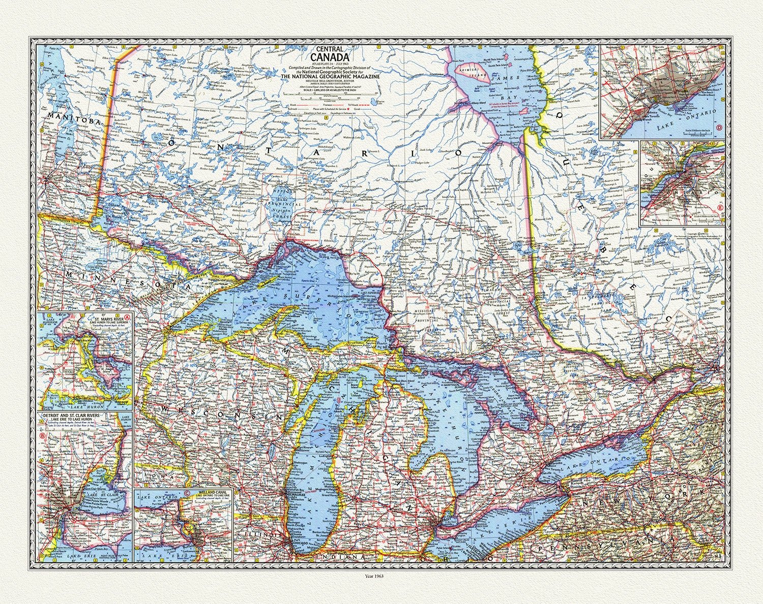 Central Canada, National Geographic, 1963, map on durable cotton canvas, 50 x 70 cm, 20 x 25" approx. - The Map Chest