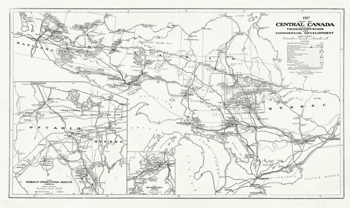 Central Canada Showing Transportation and Commercial Development, 1927, map on heavy cotton canvas, 22x27" approx. - The Map Chest