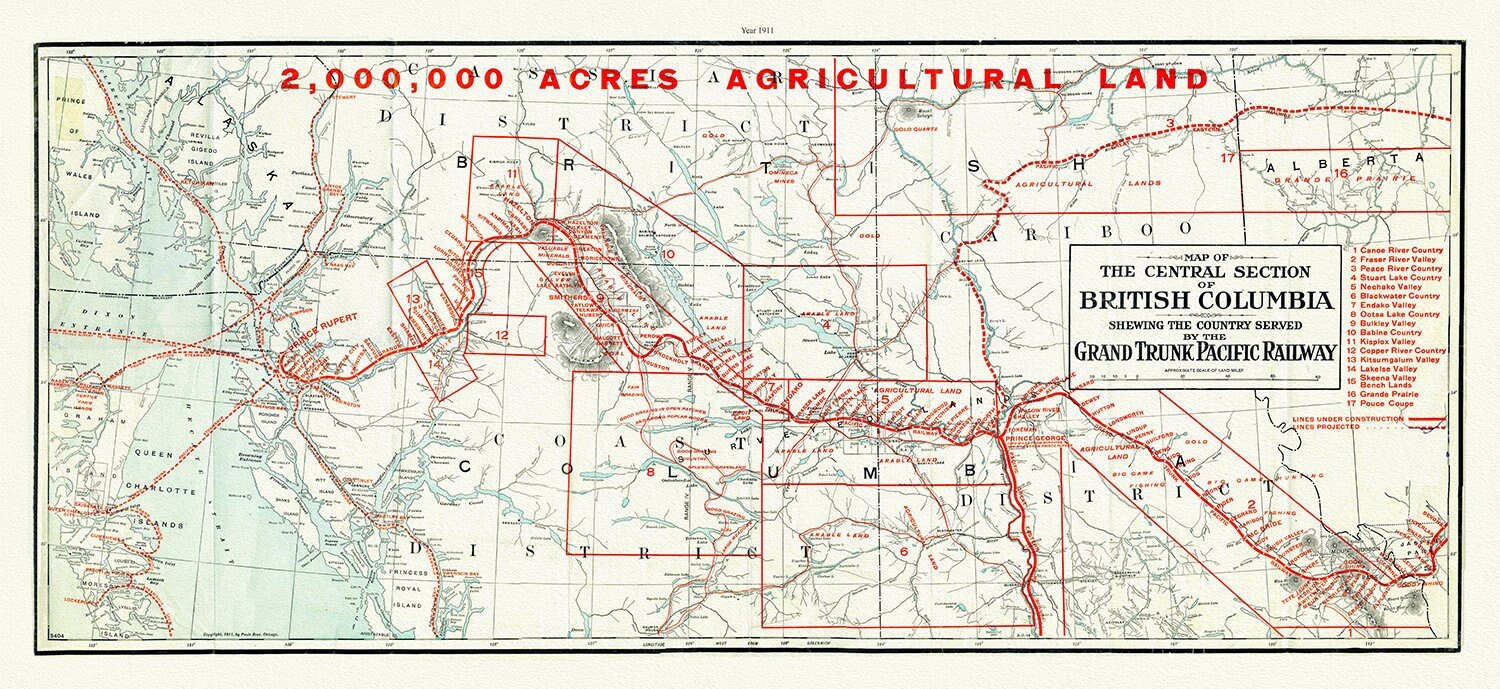 Central section of British Columbia shewing the county served by the Grand Trunk Pacific Railway, 1911 , map on canvas, 20 x 30", approx. - The Map Chest