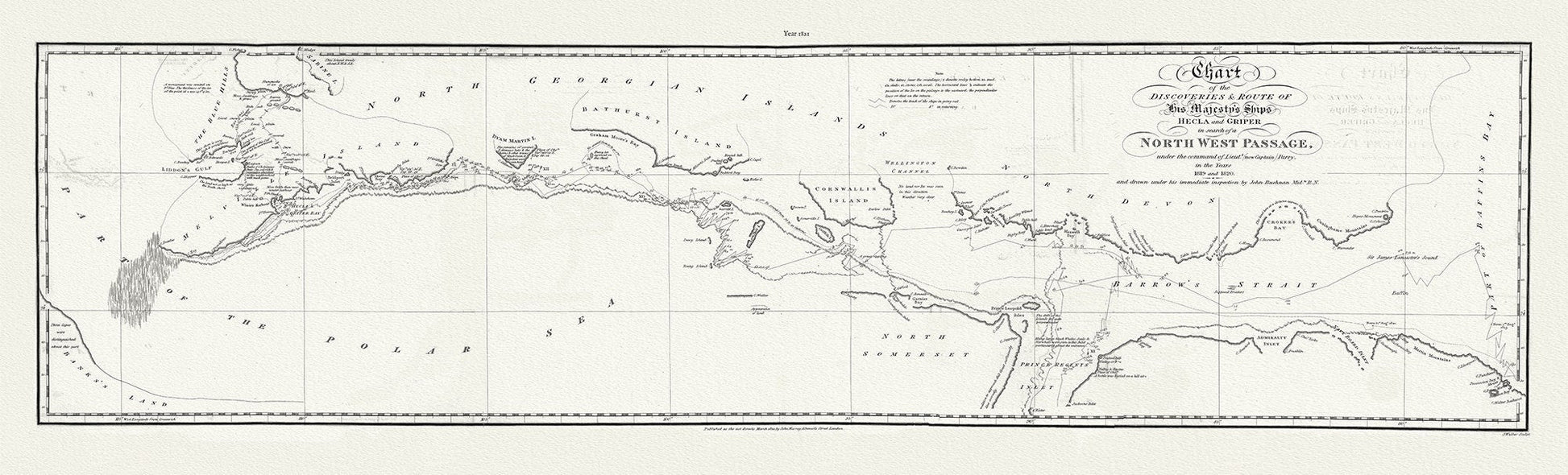 Chart of the Discoveries & Route of his Majesty's Ships Hecla and Griper in search of a North West Passage, 1821 20x66" - The Map Chest