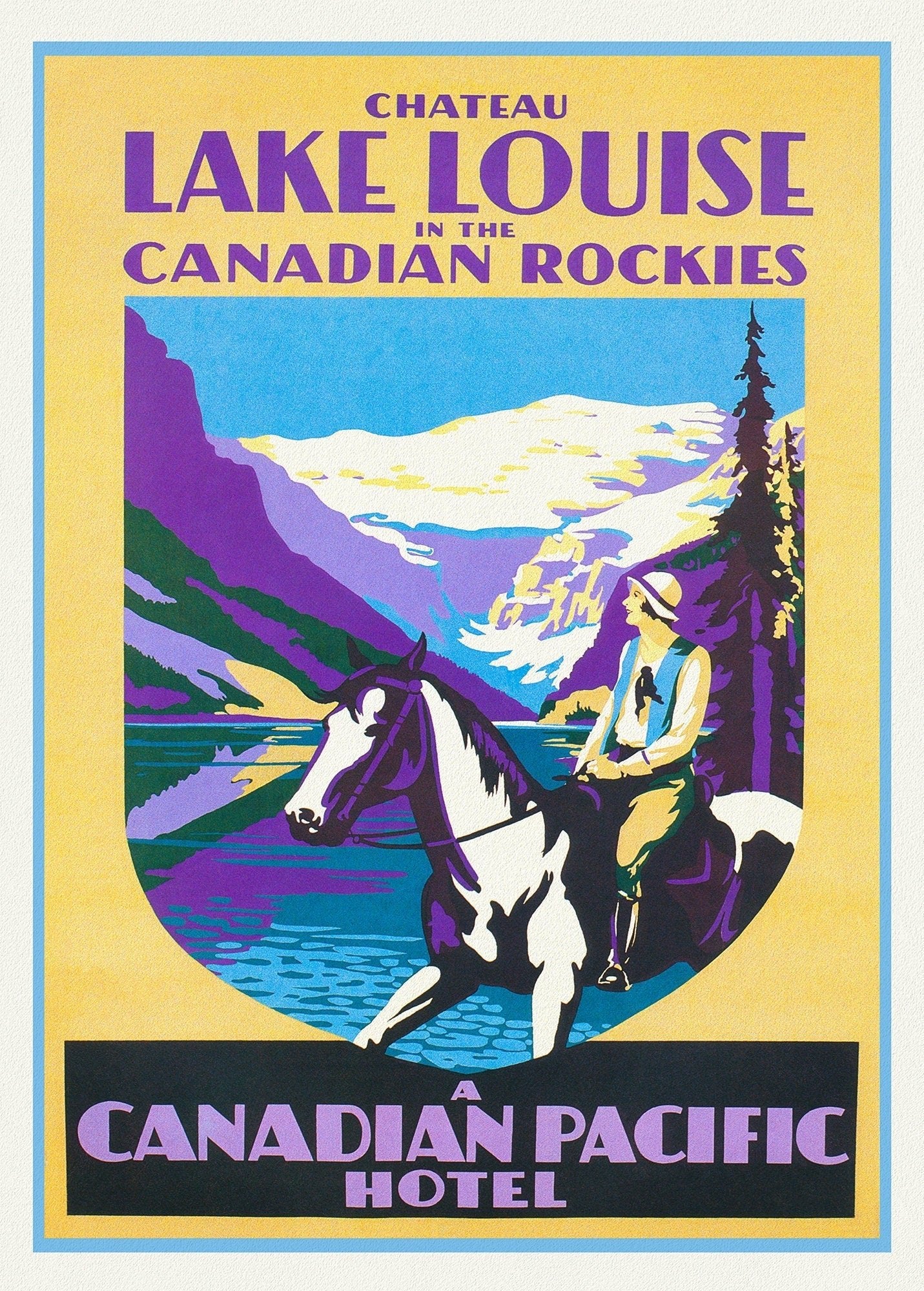 Chateau Lake Louise in the Canadian Rockies, vintage print on canvas, 50 x 70 cm, 20 x 25" approx. - The Map Chest