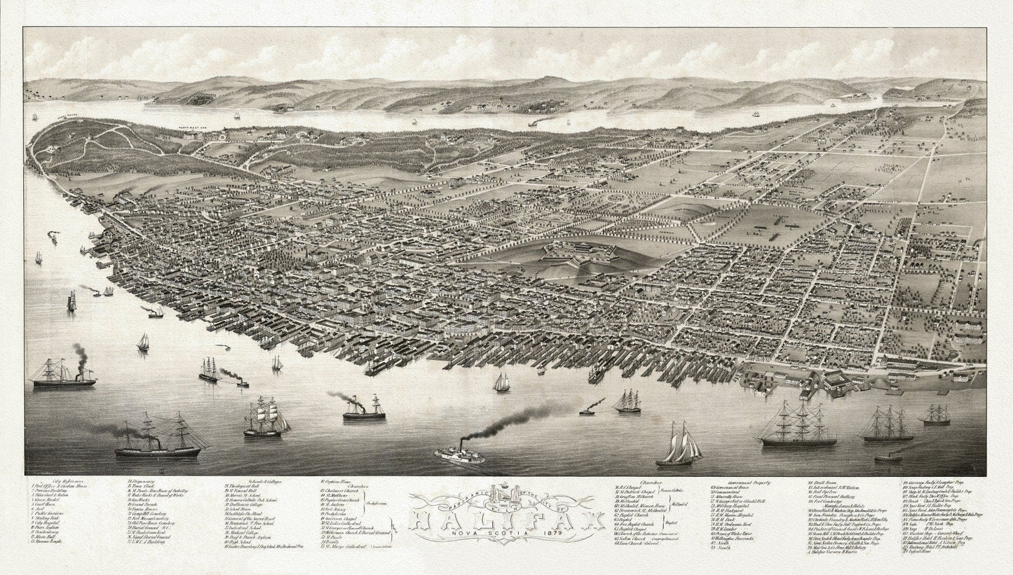 City of Halifax, Panoramic view, Nova Scotia, 1879, on heavy cotton canvas, approx. 18x27" - The Map Chest