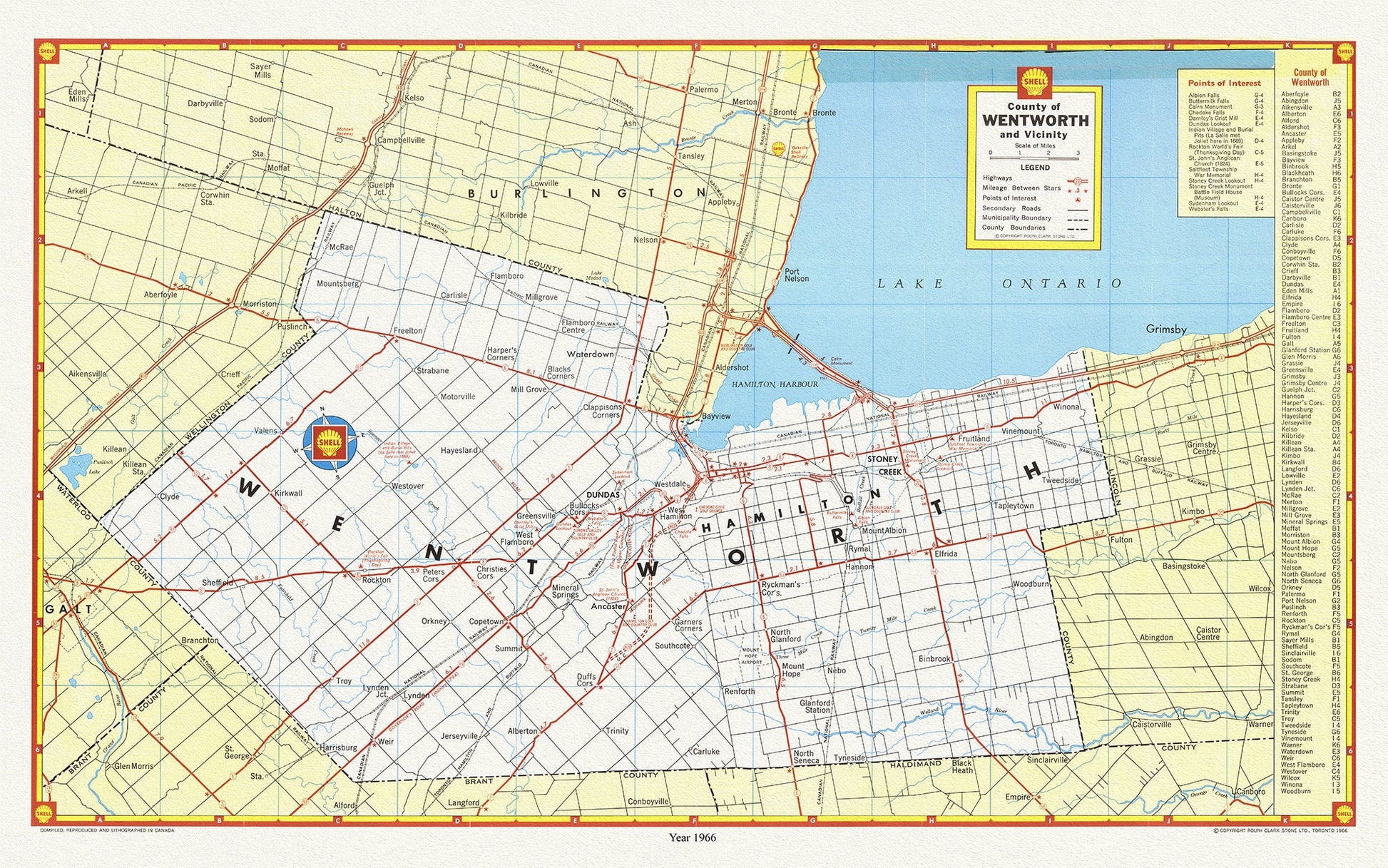 City of Hamilton, County of Wentworth and vicinity, with an index for points of interest, 1966 , map on cotton canvas, 20 x 25" approx. - The Map Chest