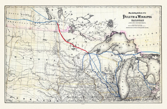 Colton, Route of the Duluth & Winnipeg Railroad, 1881, map on durable cotton canvas, 50 x 70 cm, 20 x 25" approx. - The Map Chest