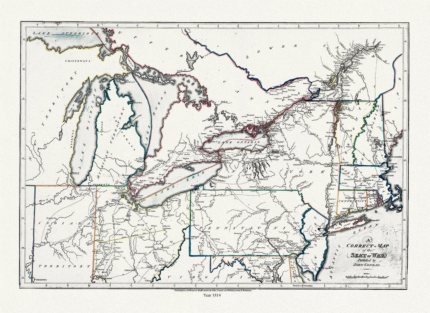 Conrad et Lewis, A correct map of the seat of war, 1812, map on heavy cotton canvas, 22x27" approx. - The Map Chest