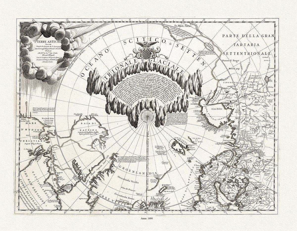 Coronelli, Terre Artiche, 1690, Map printed on to heavy cotton canvas, 22x27in. approx. - The Map Chest