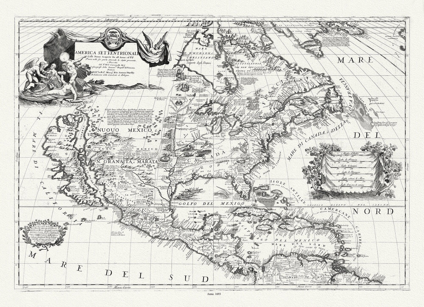 Coronelli (Vicenzo 1650 - 1718), America Settentrionale, 1693, map on heavy cotton canvas, 22x27" approx. - The Map Chest