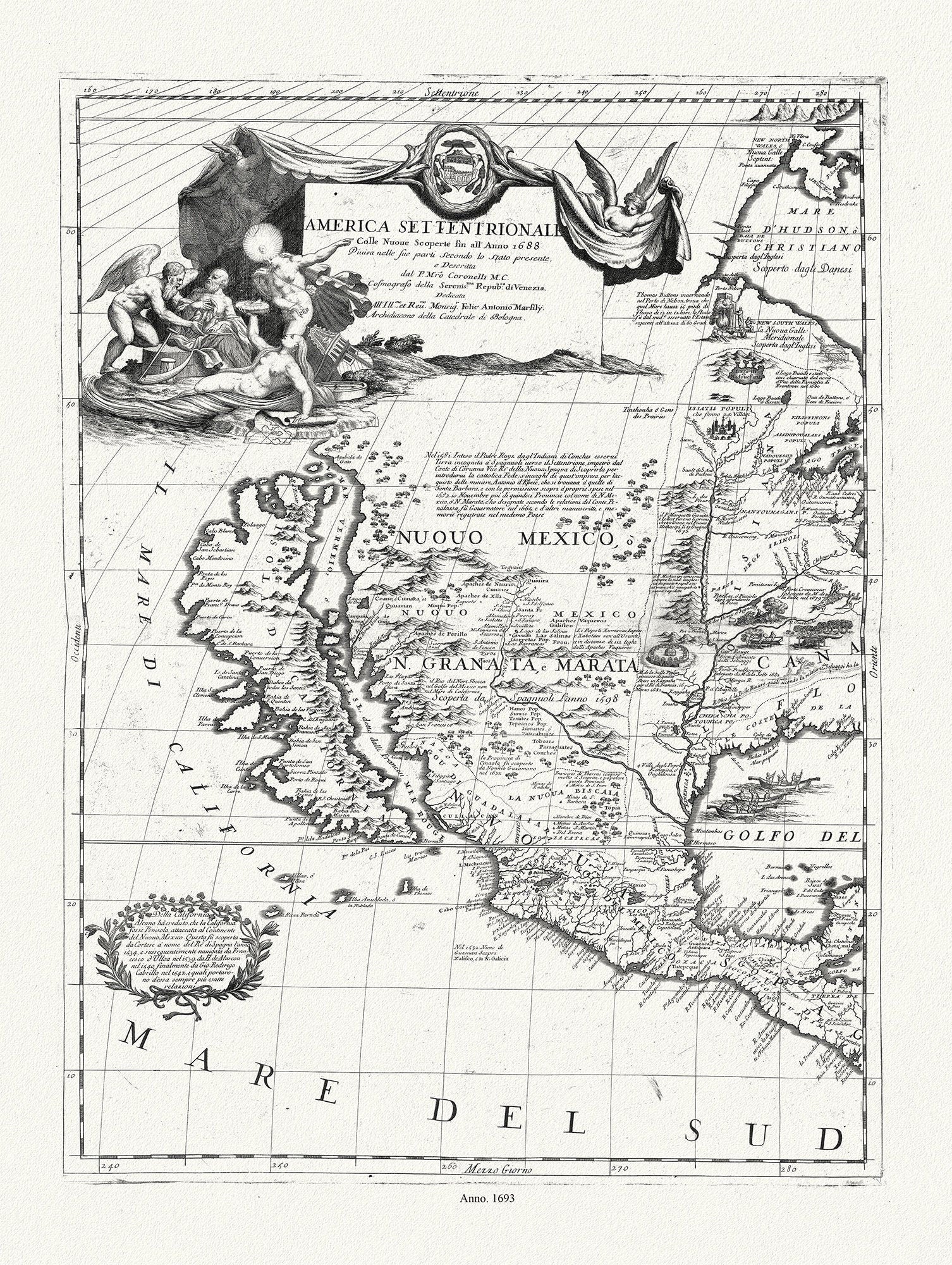 Coronelli (Vicenzo 1650 - 1718) - America Settentrionale (parte occidentale), 1693, map on heavy cotton canvas, 20 x 25" approx. - The Map Chest