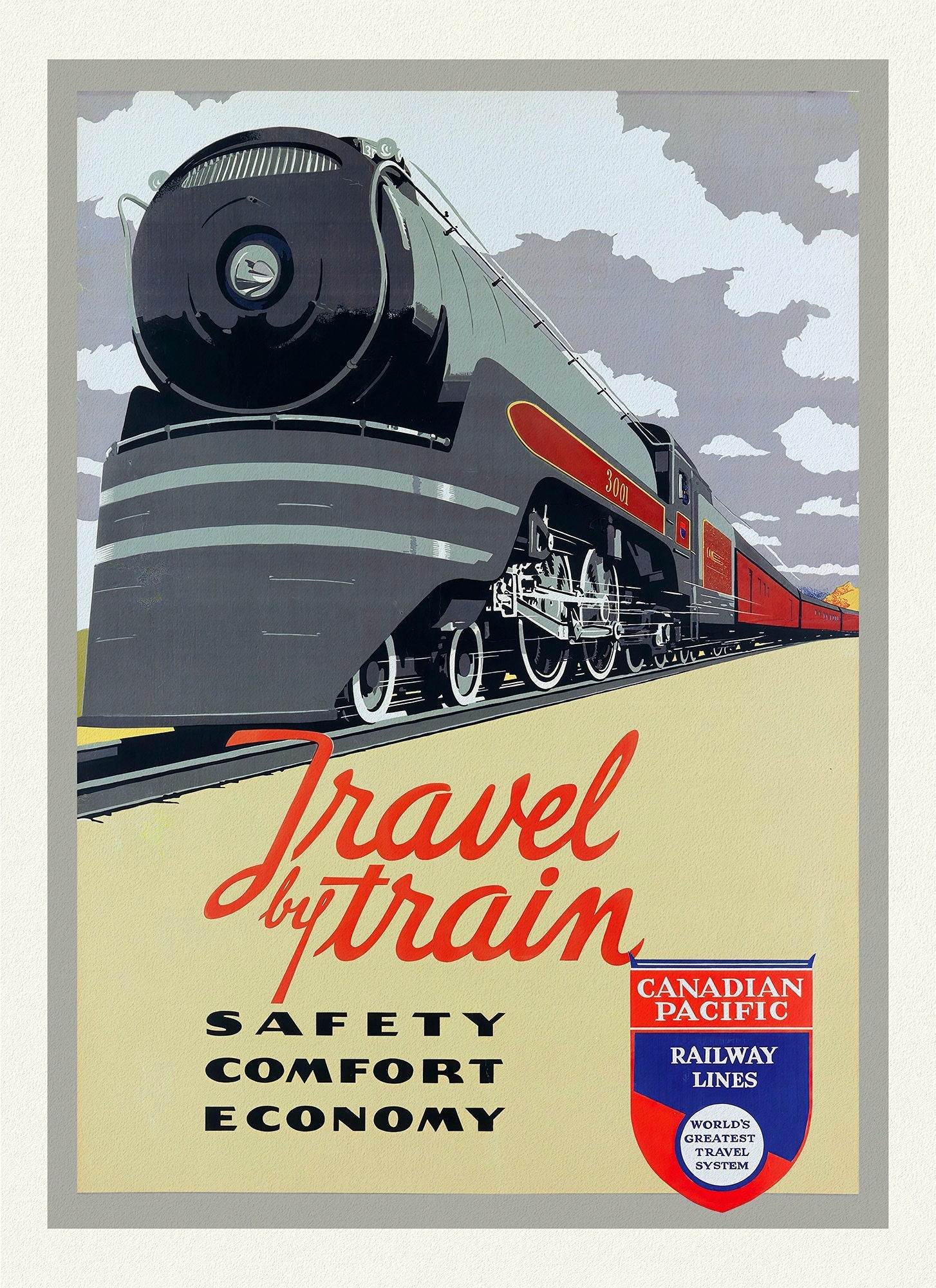 CPR, Travel by Train, Ver. II , vintage poster on durable cotton canvas, 50 x 70 cm, 20 x 25" approx. - The Map Chest
