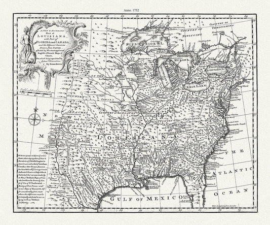 A new & accurate map of Louisiana, with part of Florida and Canada, and the adjacent countries, 1752, Bowen auth. canvas, 20 x 25" approx. - Image #1