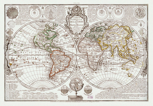 Danet, Carte Generale de la Terre, 1729, Map on heavy cotton canvas, 22x27in. approx. - The Map Chest