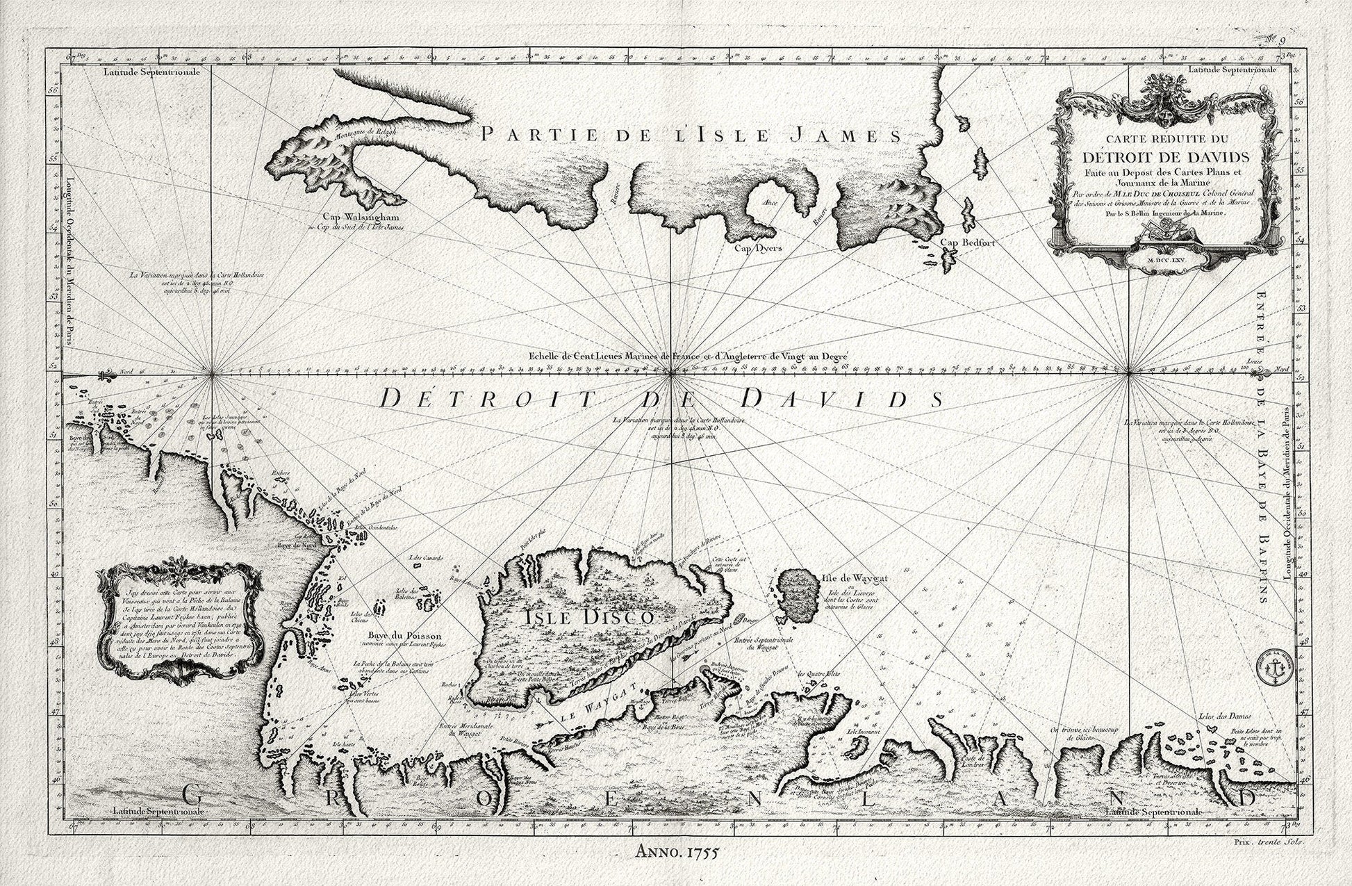 Davis Strait, 1755, Bellin auth., map on heavy cotton canvas, 50 x 70cm, 20 x 25" approx. - The Map Chest