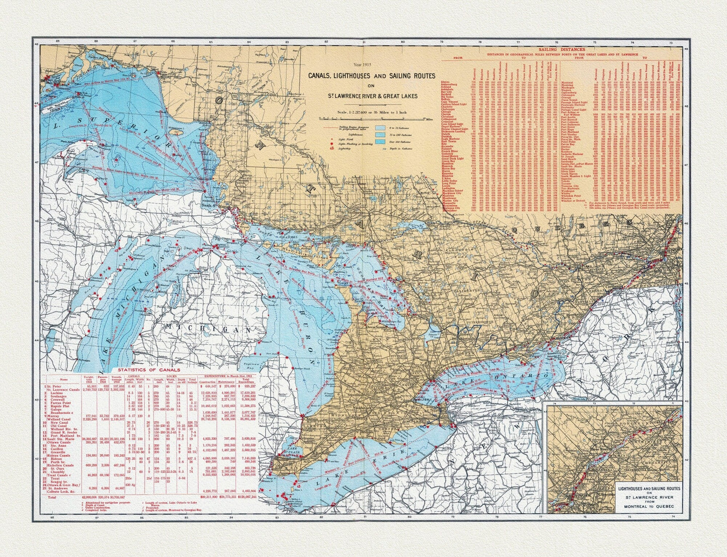 Department of the Interior, Canals, Lighthouses and sailing routes on St. Lawrence River & Great Lakes, 1915, cotton canvas, 22x27" approx. - The Map Chest