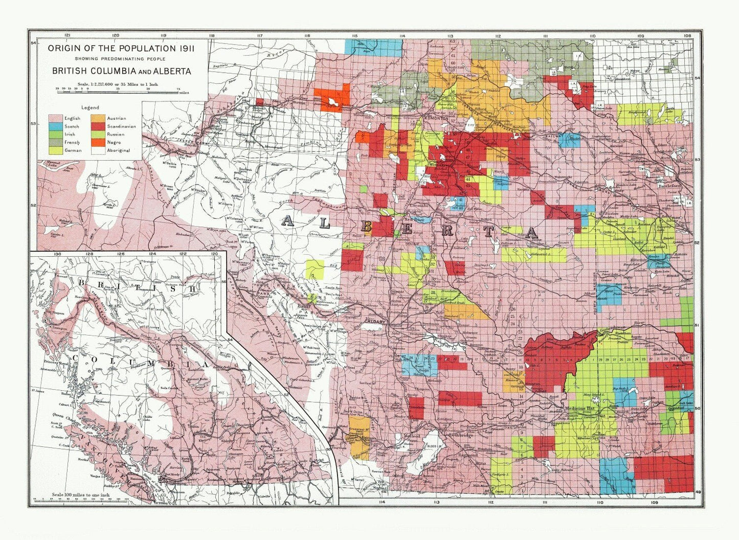 Department of the Interior, Origin of the Population for 1911 British Columbia and Alberta, issued 1915 ,heavy cotton canvas, 22x27" approx. - The Map Chest