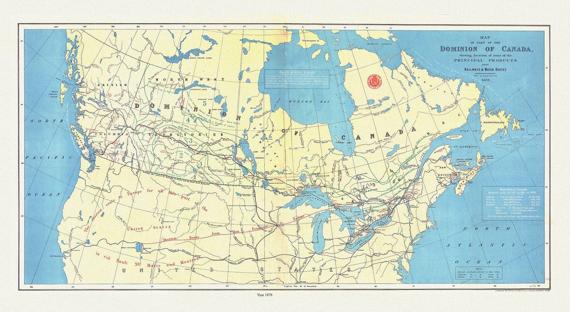 Dominion of Canada, shewing principal products, also railway & water routes, 1878, Smith auth. map on canvas, 50 x 70 cm, 20 x 25" approx. - The Map Chest