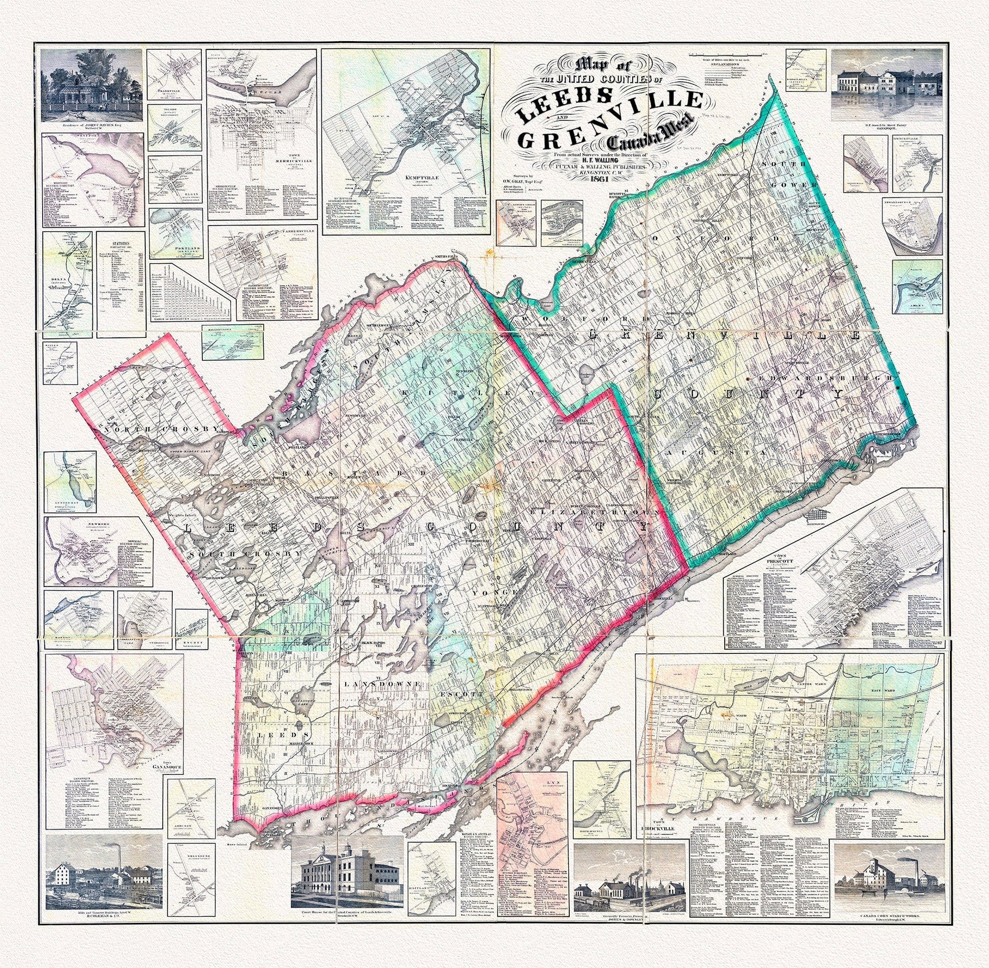 E Map of the United Counties of Leeds and Grenville, Canada West.1861, map on durable cotton canvas, 50 x 70 cm, 20 x 25" approx. - The Map Chest