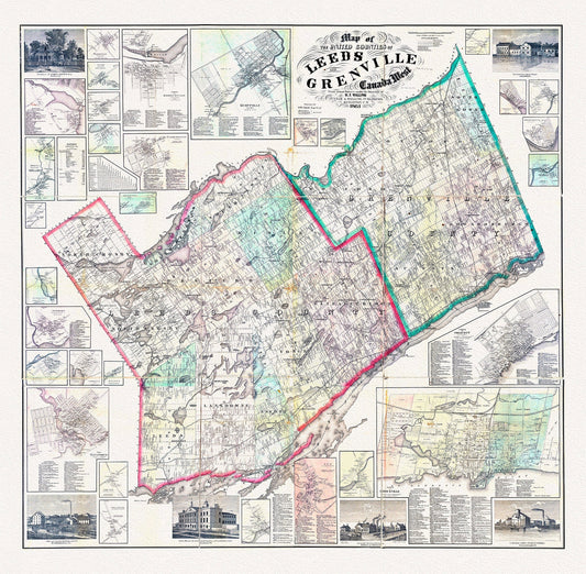 E Map of the United Counties of Leeds and Grenville, Canada West.1861, map on durable cotton canvas, 50 x 70 cm, 20 x 25" approx. - The Map Chest