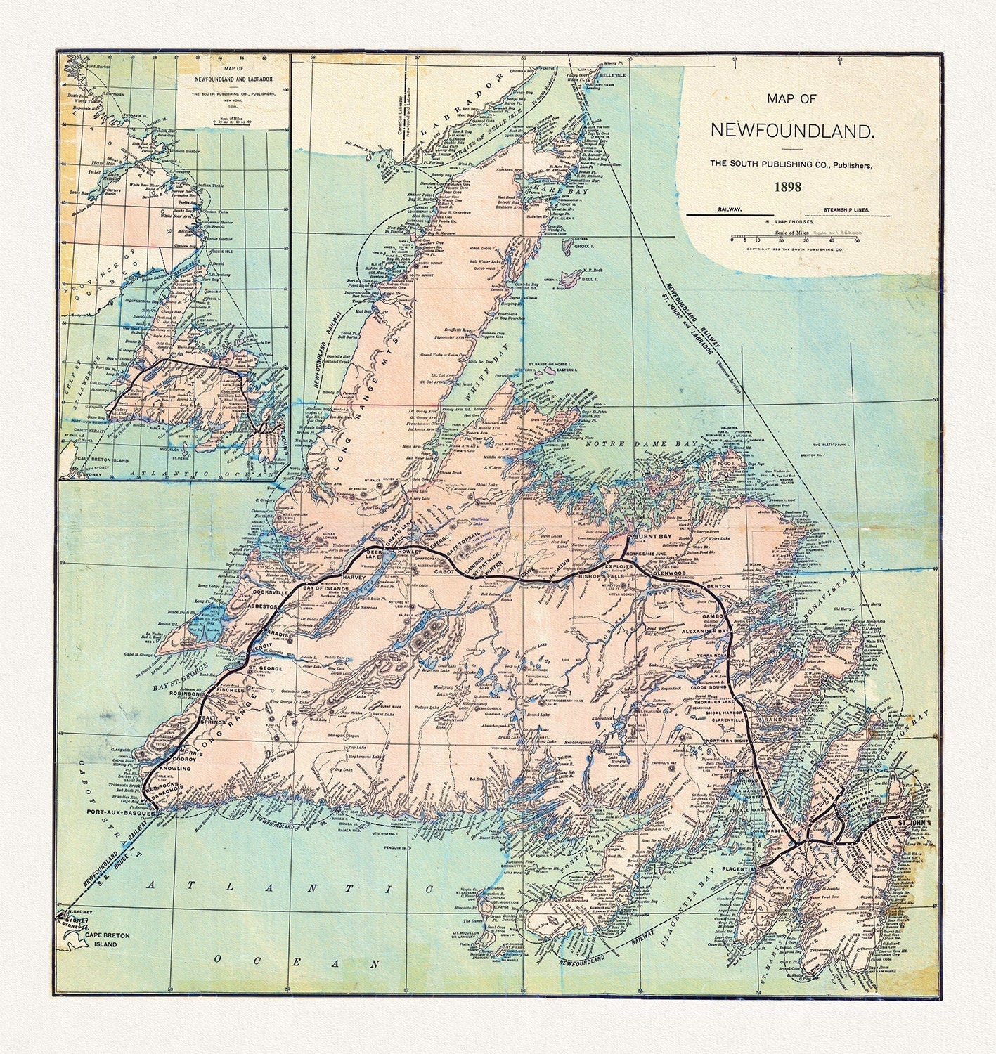 E Newfoundland, 1898 , map on heavy cotton canvas, 45 x 65 cm, 18 x 24" approx. - The Map Chest