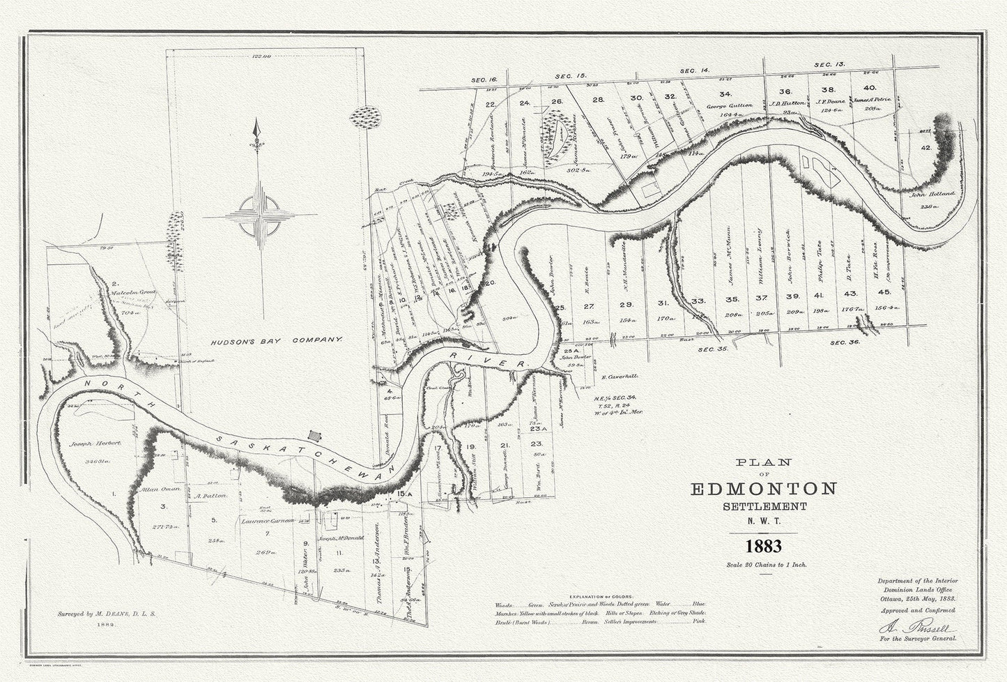 E Plan of Edmonton settlement, N.W.T., 1883, map on durable cotton canvas, 50 x 70 cm or 20x25" approx. - The Map Chest