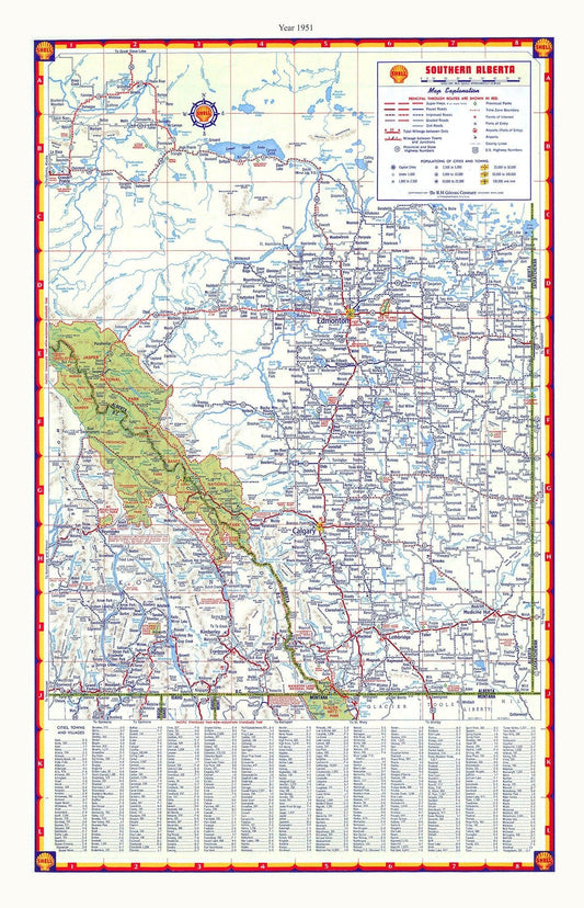 E Southern Alberta, Shell Road Map, 1951, map on durable cotton canvas, 50 x 70 cm or 20x25" approx. - The Map Chest