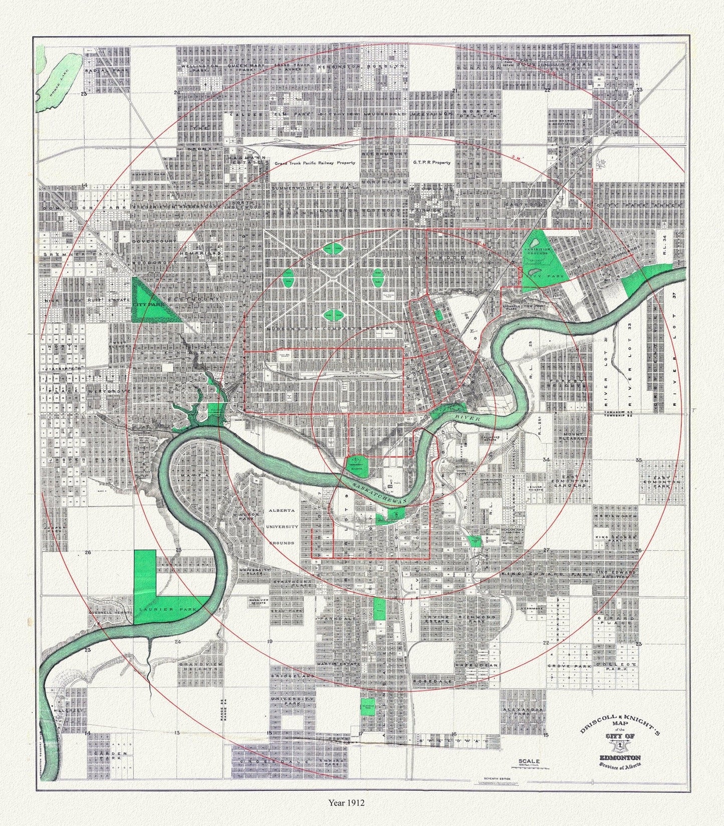 Edmonton, 1912, Driscoll & Knight auth. , map on durable cotton canvas, 50 x 70 cm or 20x25" approx. - The Map Chest